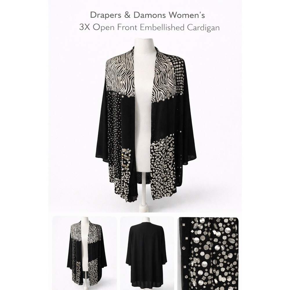 Drapers & Damons Womens 3X Open Embellished‎ Cardigan Zebra Print Black Studs